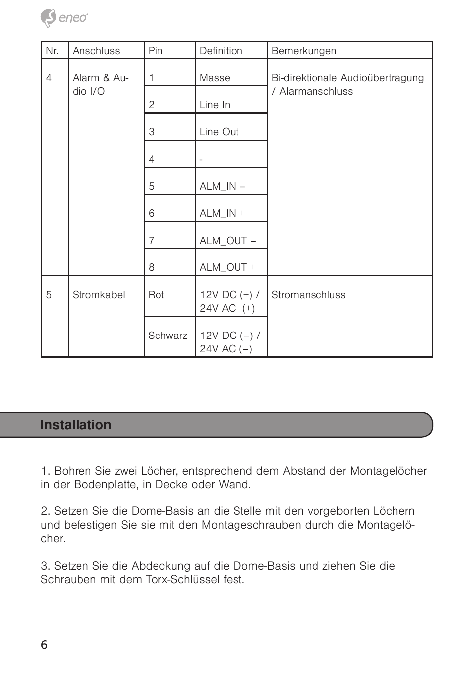 Installation | Eneo PXD-5362F01IR User Manual | Page 6 / 48