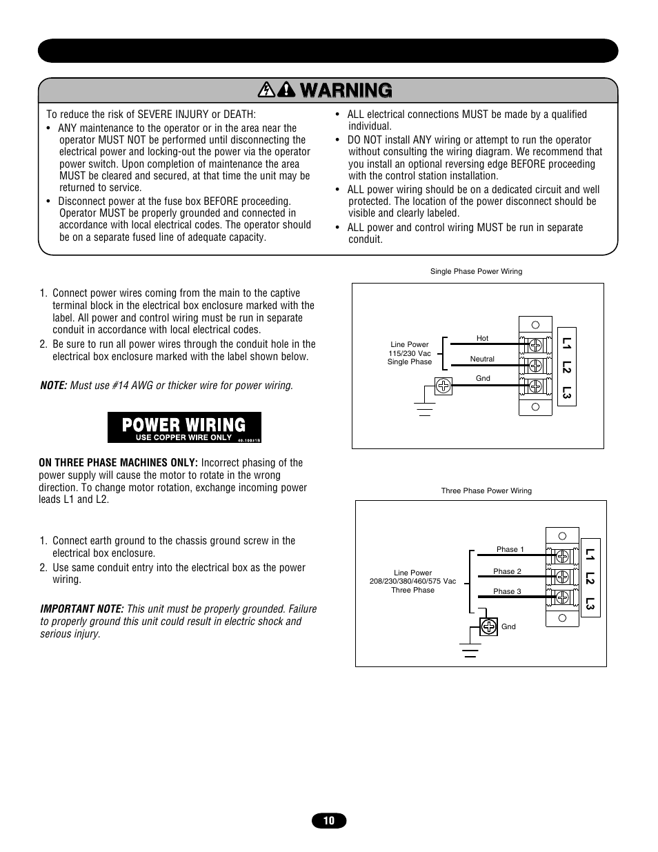 Power wiring & ground wiring, Power wiring connections, Ground wiring connections | Chamberlain door opener User Manual | Page 10 / 36