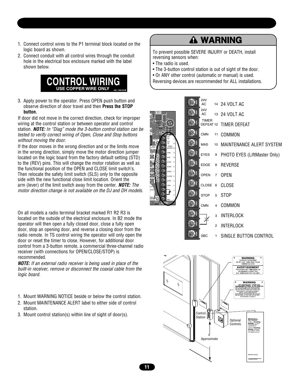 Control station wiring and installation, Control wiring connections, External radio wiring connections | Mounting instructions, Control wiring, 24 volt ac, Use copper wire only | Chamberlain door opener User Manual | Page 11 / 36