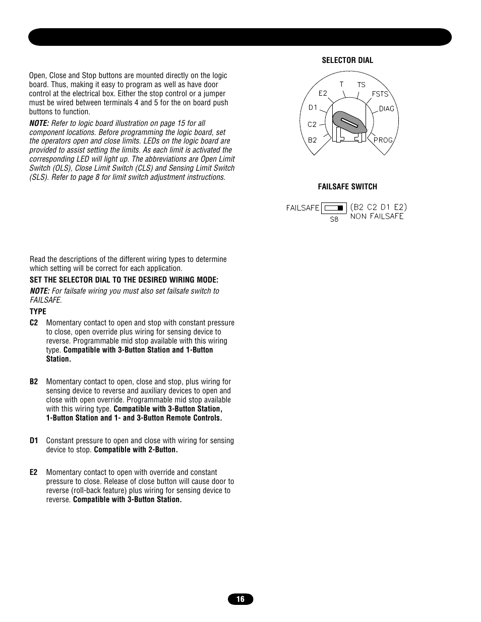 Programming, Logic control pushbuttons open, close, stop, Determine and set wiring type | Chamberlain door opener User Manual | Page 16 / 36