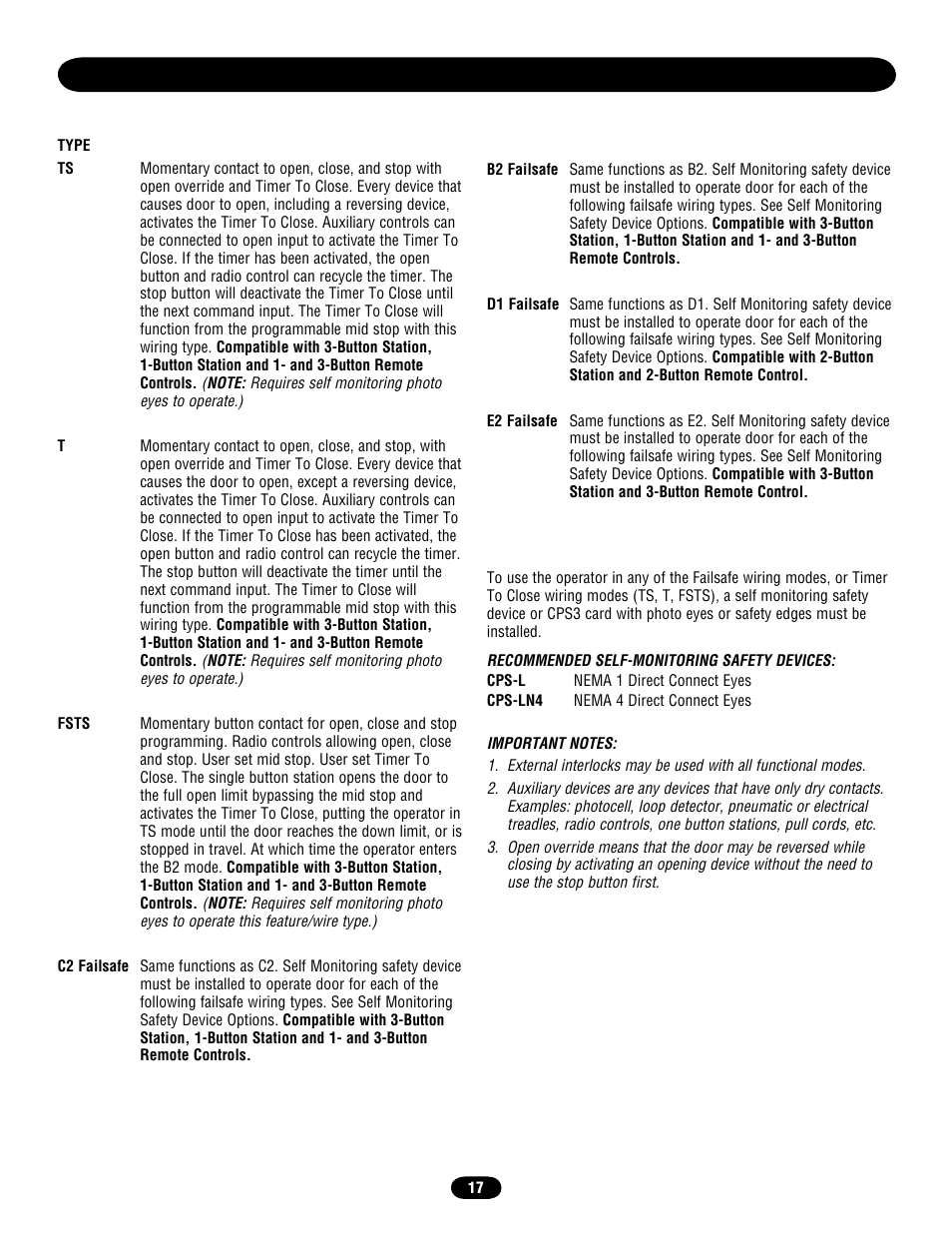 Failsafe wiring types, Self-monitoring safety device options | Chamberlain door opener User Manual | Page 17 / 36