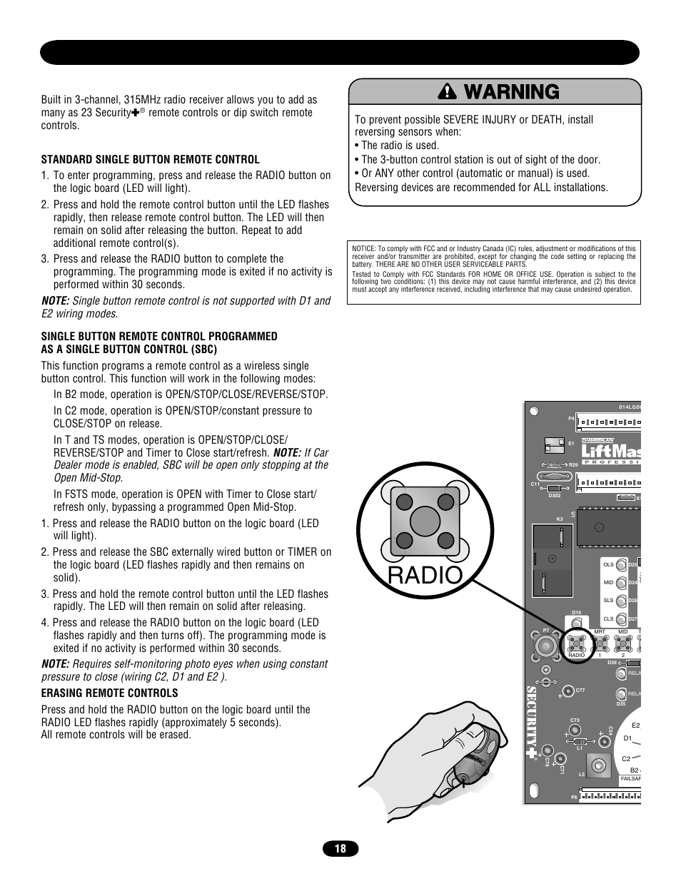 Standard single button remote control, Programming remote controls, Radio | Chamberlain door opener User Manual | Page 18 / 36