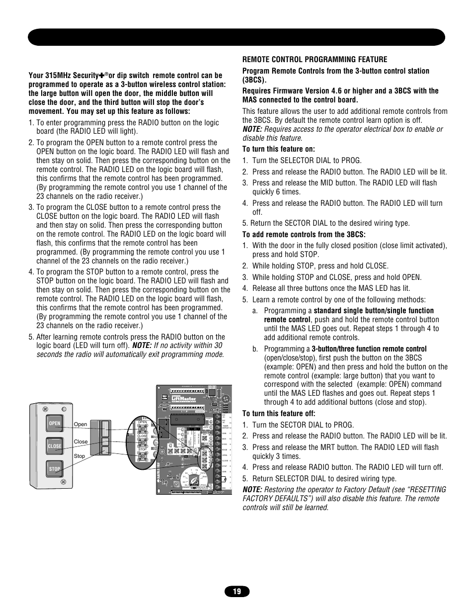 Button remote controls, Your 315mhz security, Or dip switch | Open close stop | Chamberlain door opener User Manual | Page 19 / 36