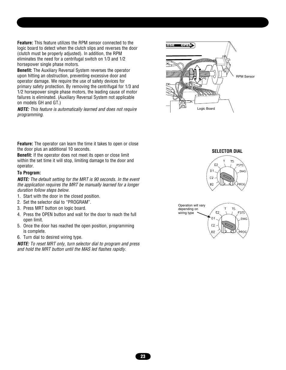 Automatically learned programming, Auxiliary reversal system / rpm sensor, Maximum run timer (mrt) | Chamberlain door opener User Manual | Page 23 / 36