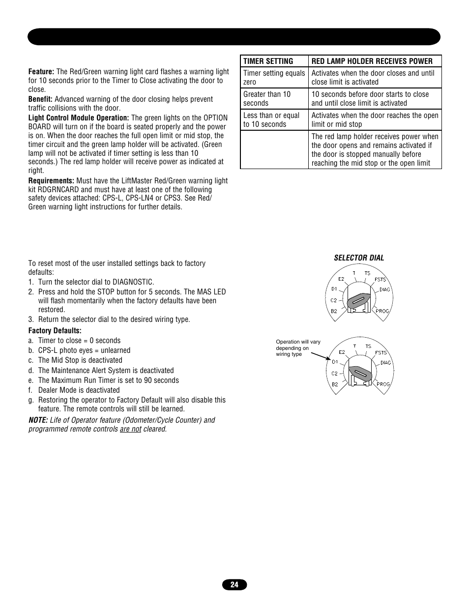 Optional programming, Red/green warning light card, Resetting factory defaults - clearing memory | Chamberlain door opener User Manual | Page 24 / 36