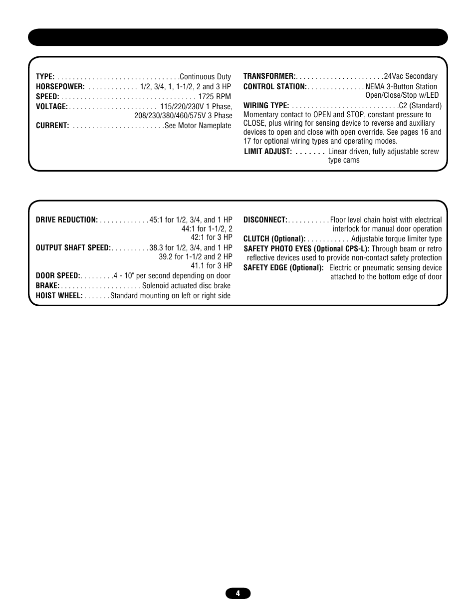 Operator specifications | Chamberlain door opener User Manual | Page 4 / 36