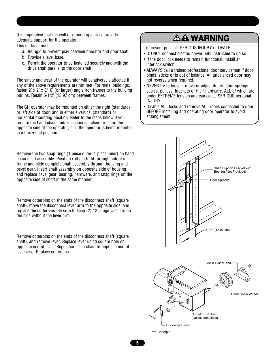 Preparation, Hand chain right/left conversion, Disconnect lever right/left conversion | Horizontal mounting conversion | Chamberlain door opener User Manual | Page 5 / 36