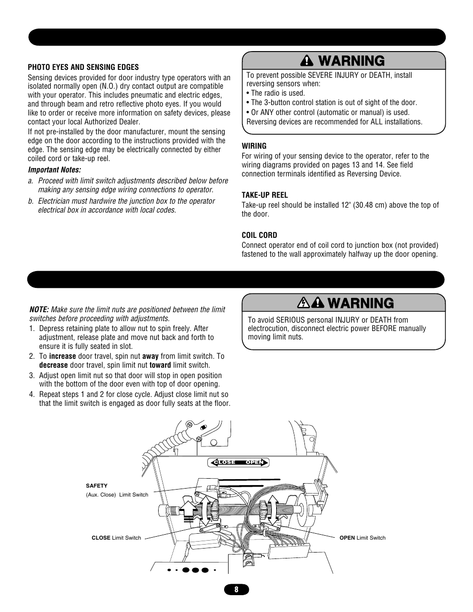 Entrapment protection accessories(optional), Adjustment, Limit switch adjustment | Chamberlain door opener User Manual | Page 8 / 36