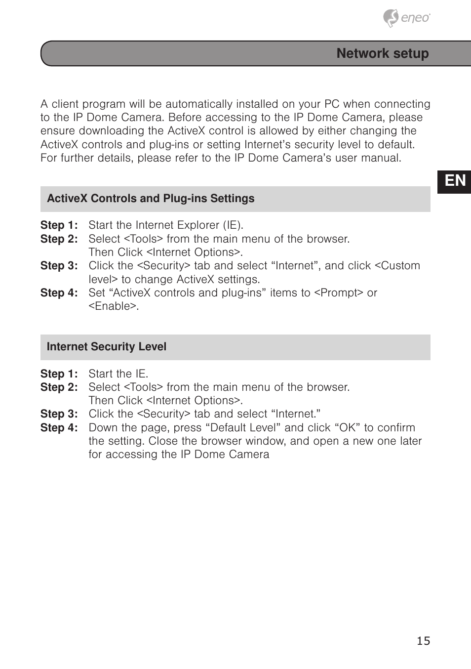 De en fr pl ru, Network setup | Eneo PXD-1020F02 User Manual | Page 15 / 42