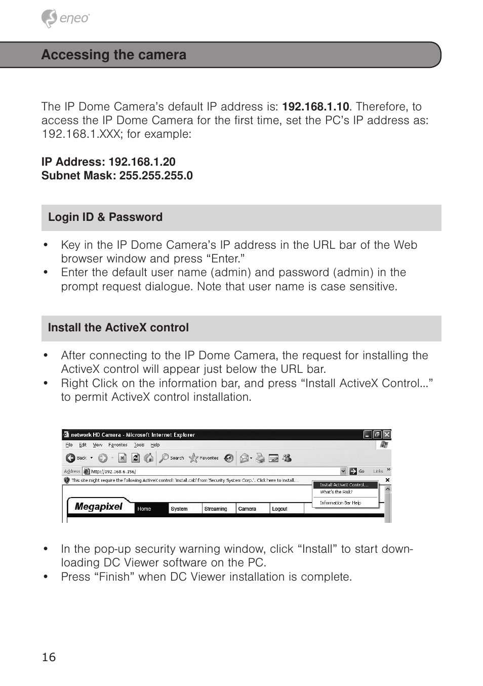 Accessing the camera | Eneo PXD-1020F02 User Manual | Page 16 / 42