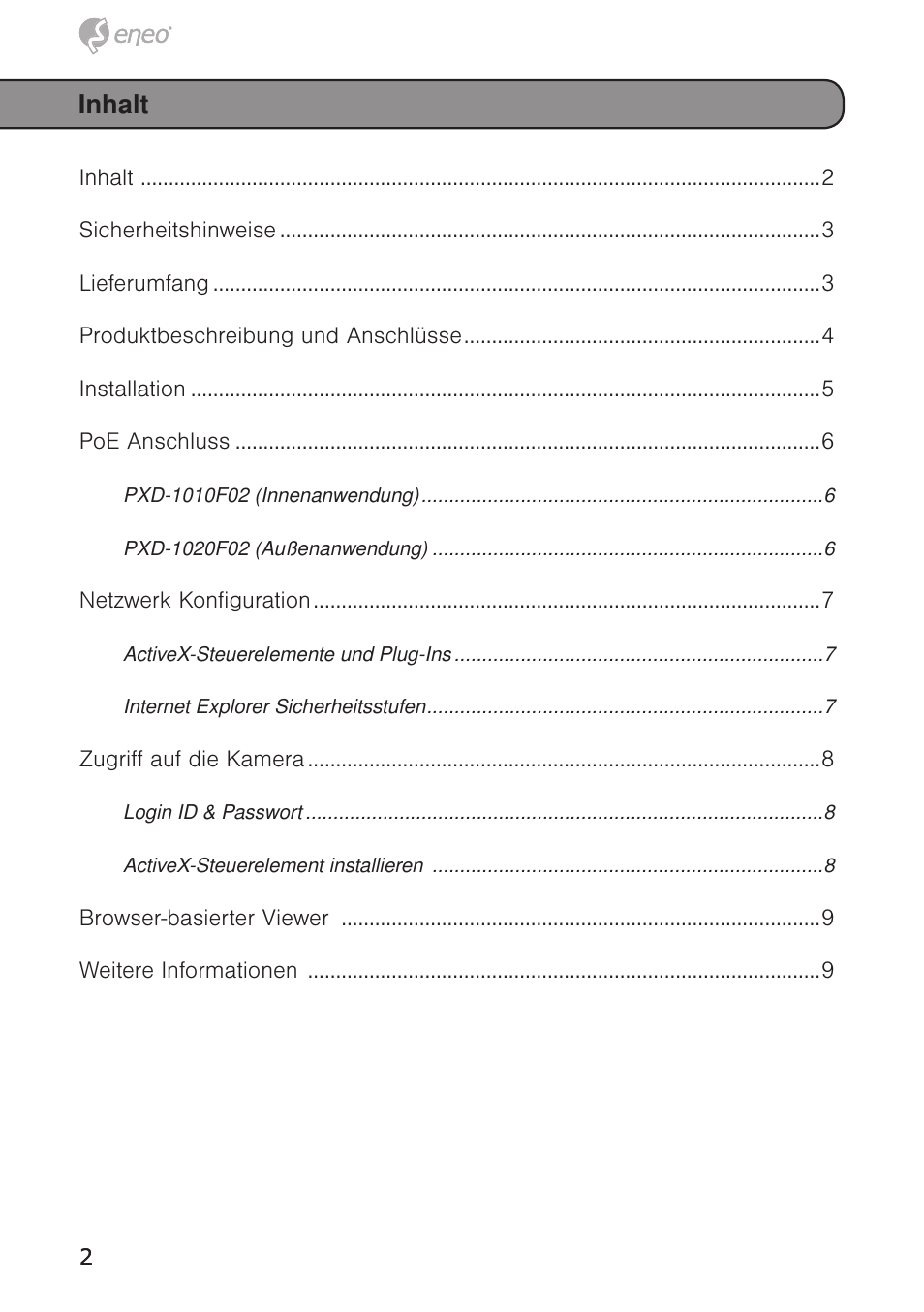 Inhalt | Eneo PXD-1020F02 User Manual | Page 2 / 42