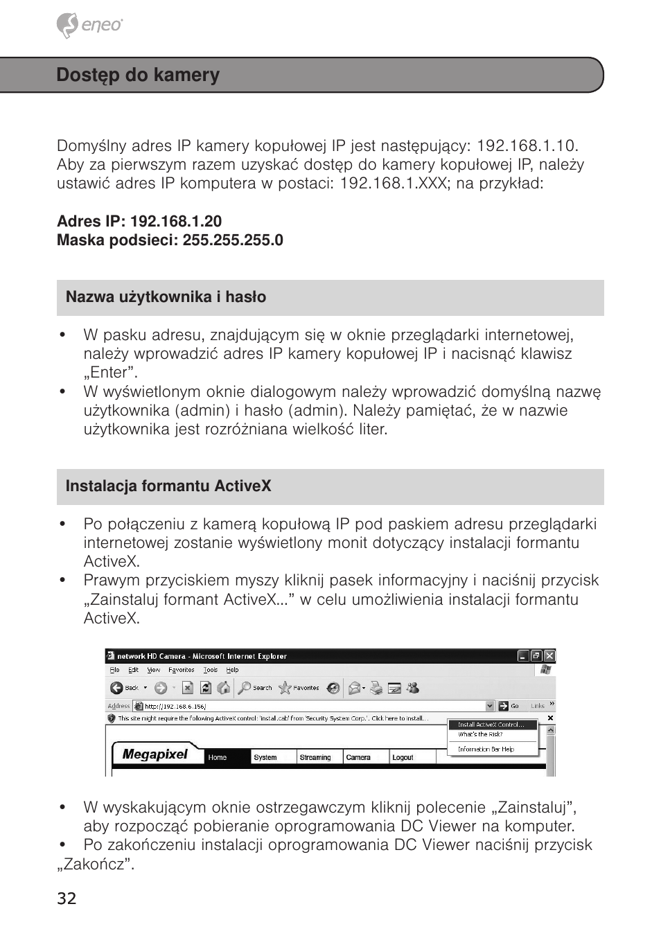 Dostęp do kamery | Eneo PXD-1020F02 User Manual | Page 32 / 42