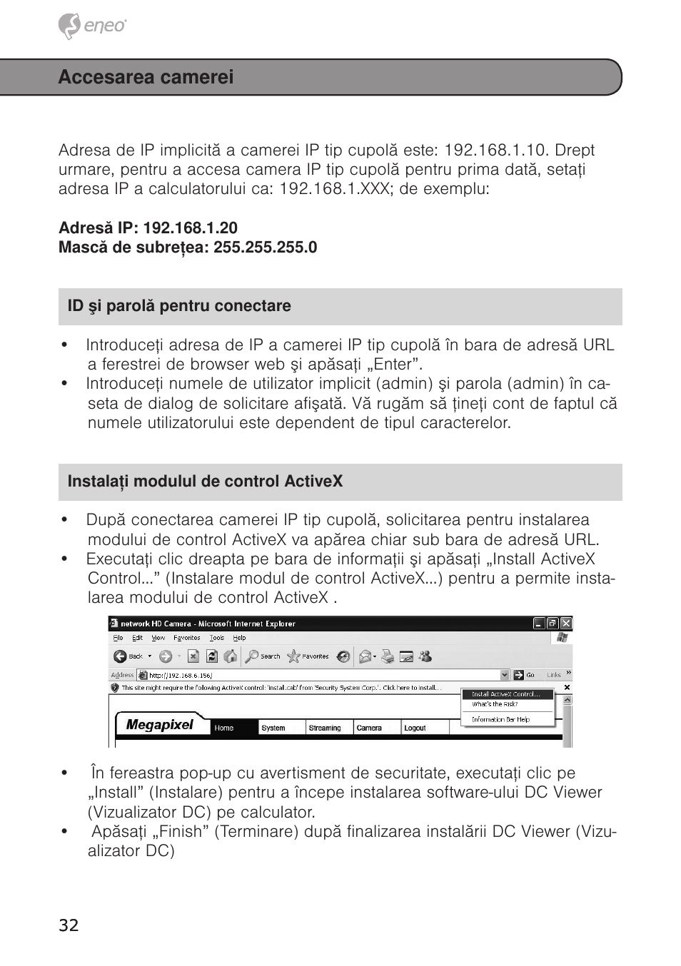 Accesarea camerei | Eneo PXD-1020F02 User Manual | Page 32 / 34