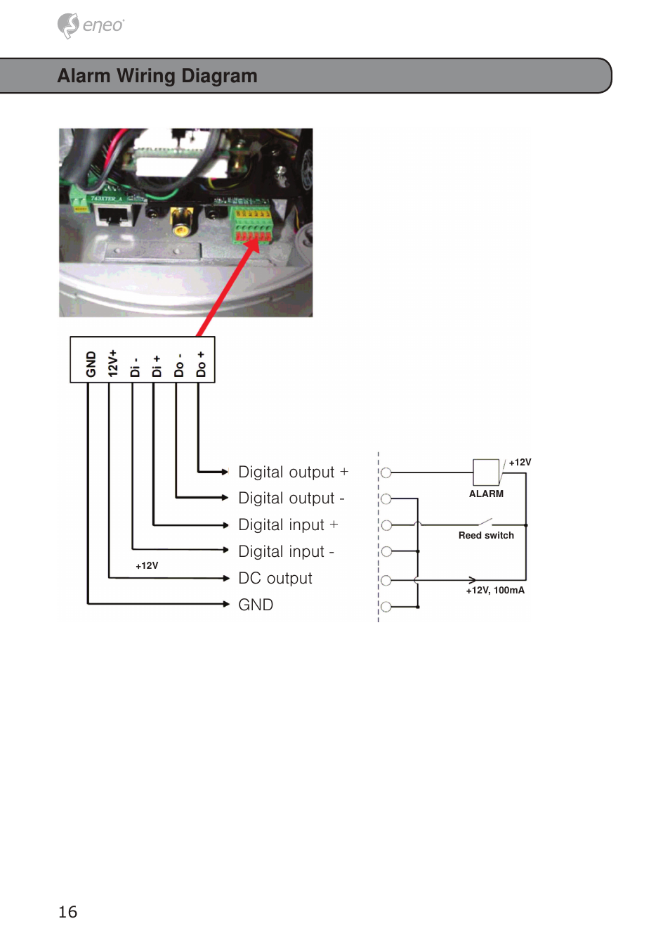Alarm wiring diagram, 16 digital output | Eneo GXD-1710M/IR User Manual | Page 16 / 58