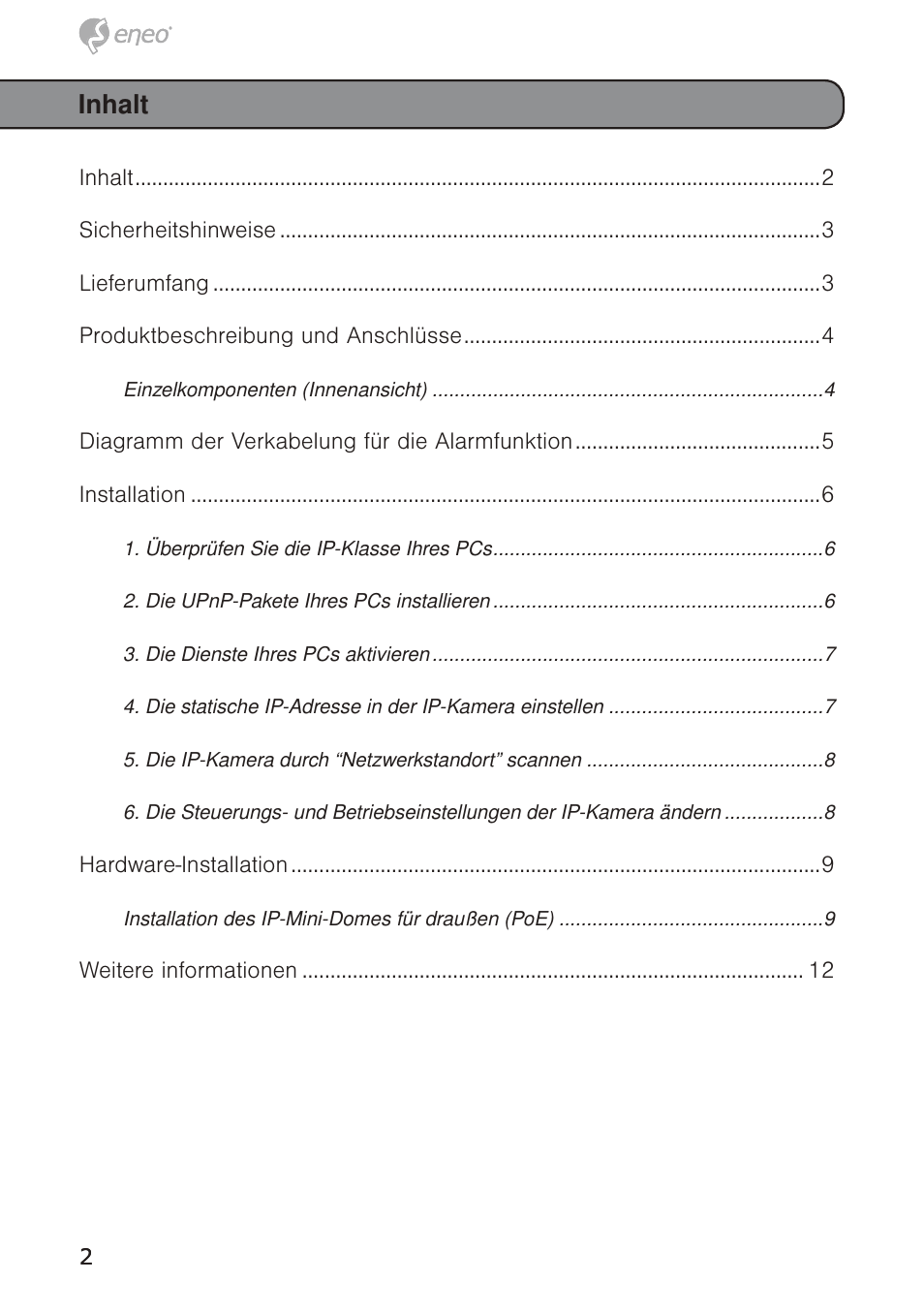 Inhalt | Eneo GXD-1710M/IR User Manual | Page 2 / 58