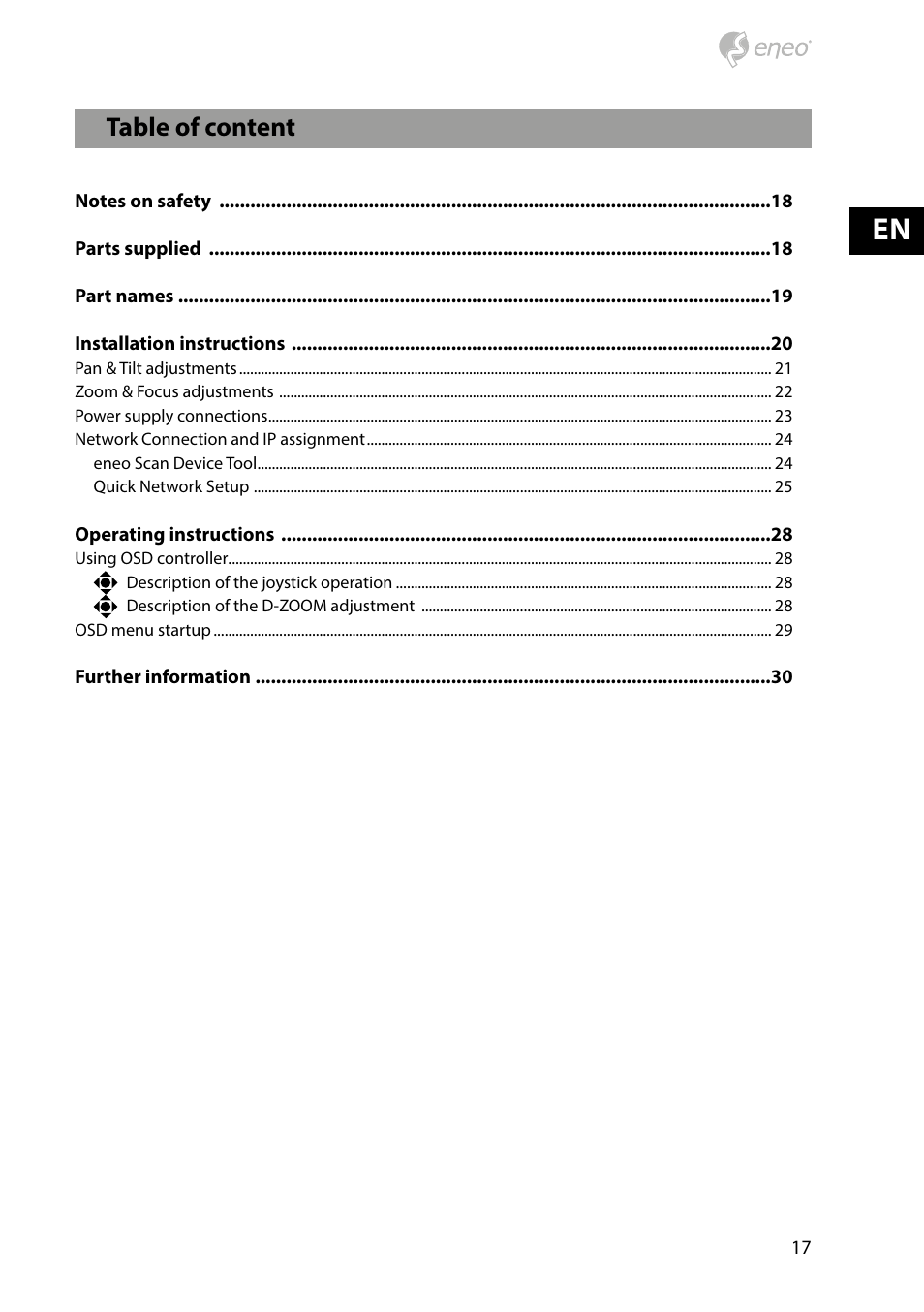 Table of content | Eneo PXB-2080MIR D User Manual | Page 17 / 48
