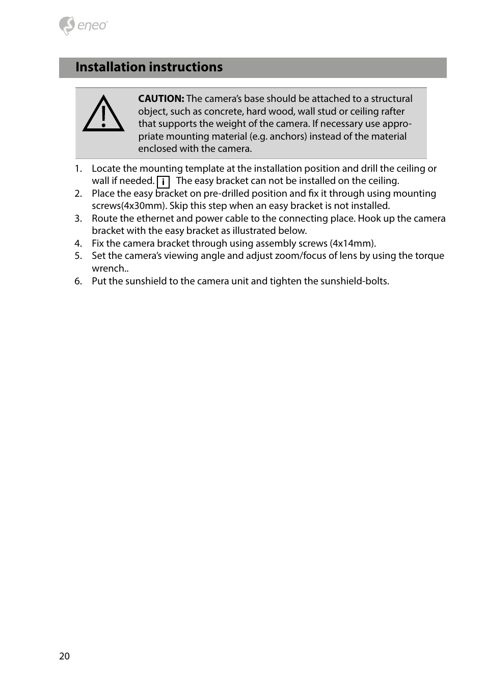 Installation instructions | Eneo PXB-2080MIR D User Manual | Page 20 / 48