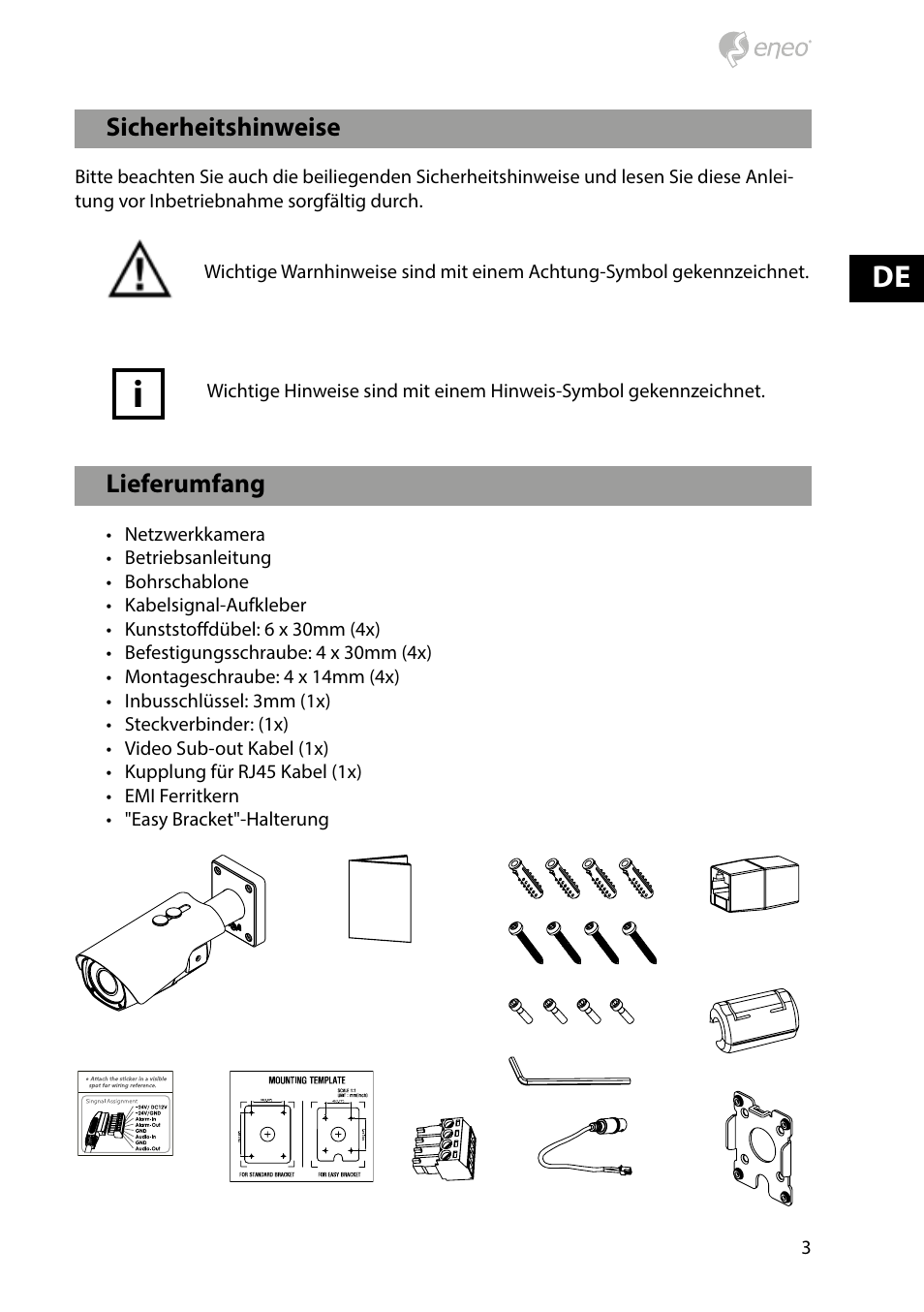 Lieferumfang, Sicherheitshinweise | Eneo PXB-2080MIR D User Manual | Page 3 / 48