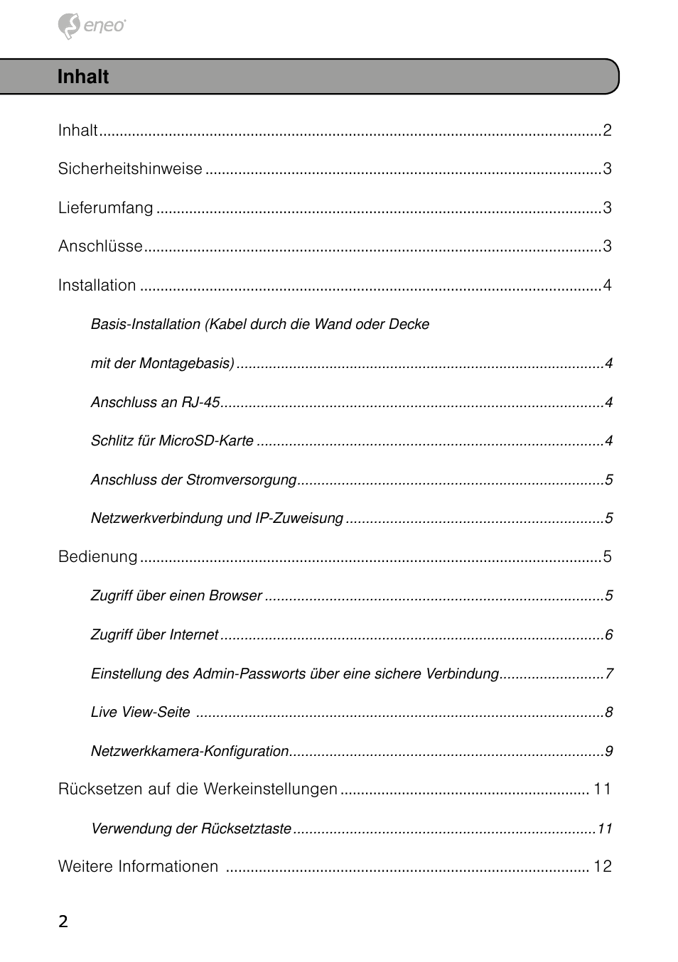 Inhalt | Eneo NXB-980IR3516M User Manual | Page 2 / 60