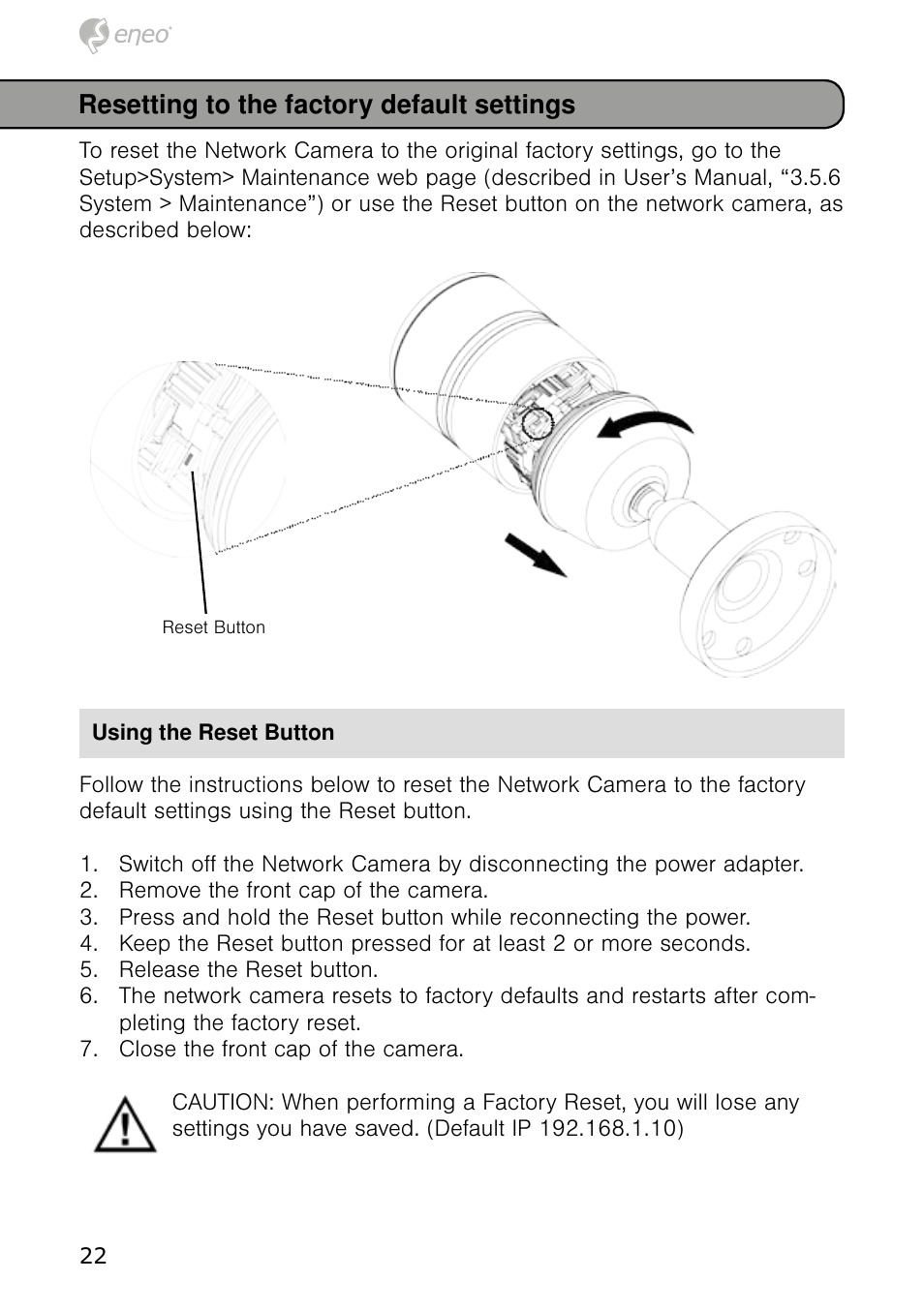 Resetting to the factory default settings | Eneo NXB-980IR3516M User Manual | Page 22 / 60