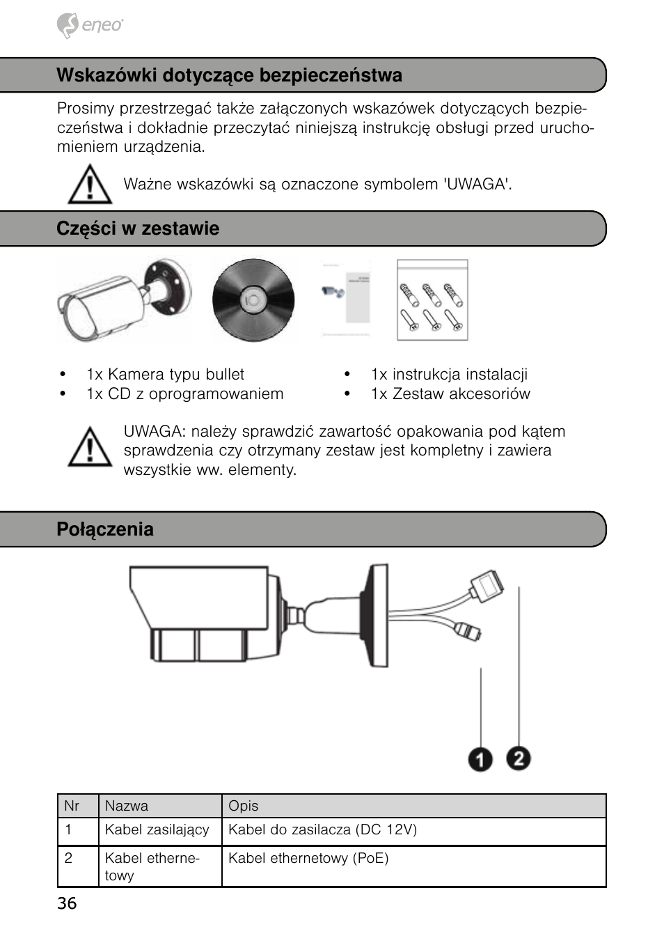 Wskazówki dotyczące bezpieczeństwa, Części w zestawie, Połączenia | Eneo NXB-980IR3516M User Manual | Page 36 / 60