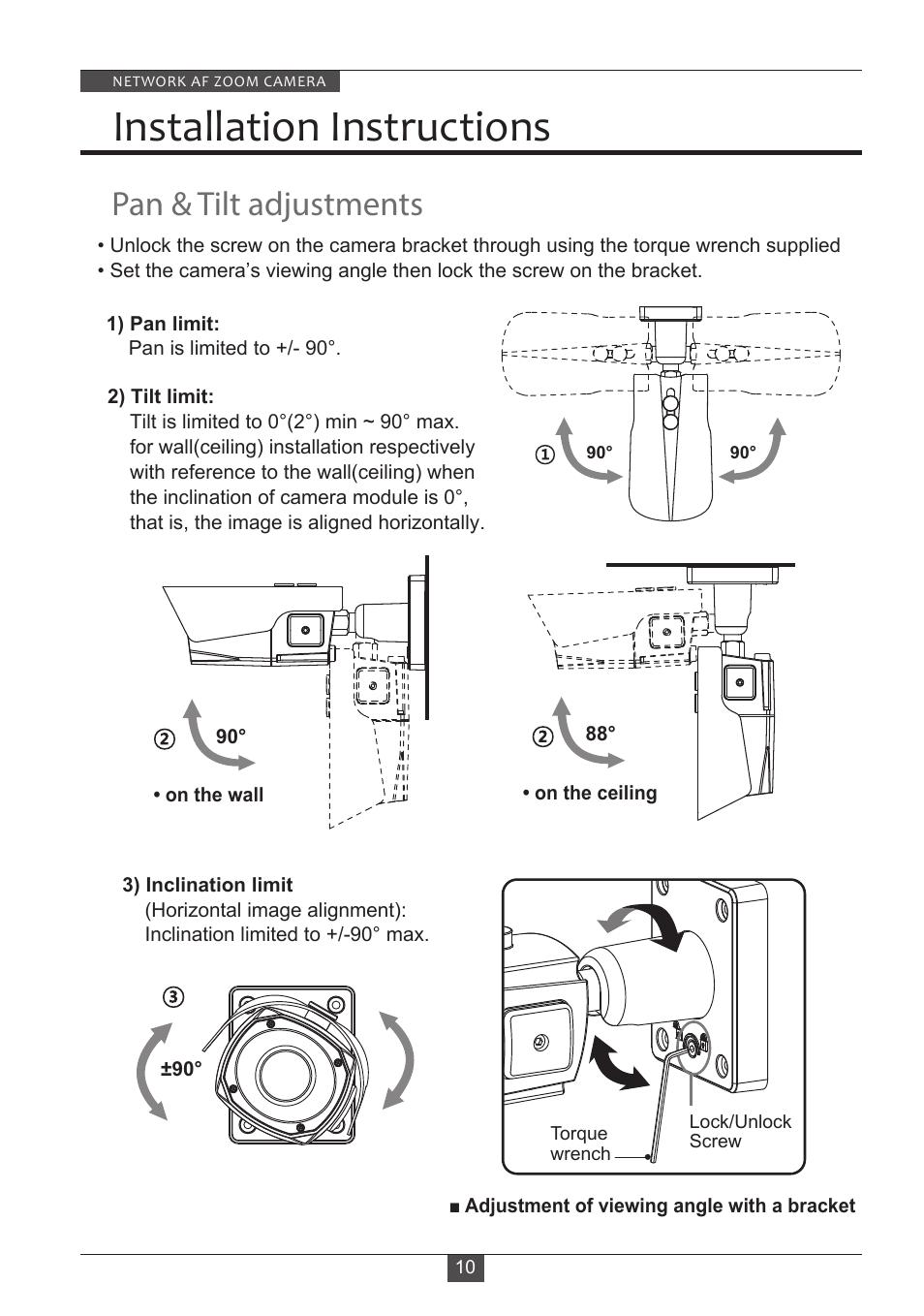 Installation instructions, Pan & tilt adjustments | Eneo PXB-2280Z10 D User Manual | Page 10 / 36
