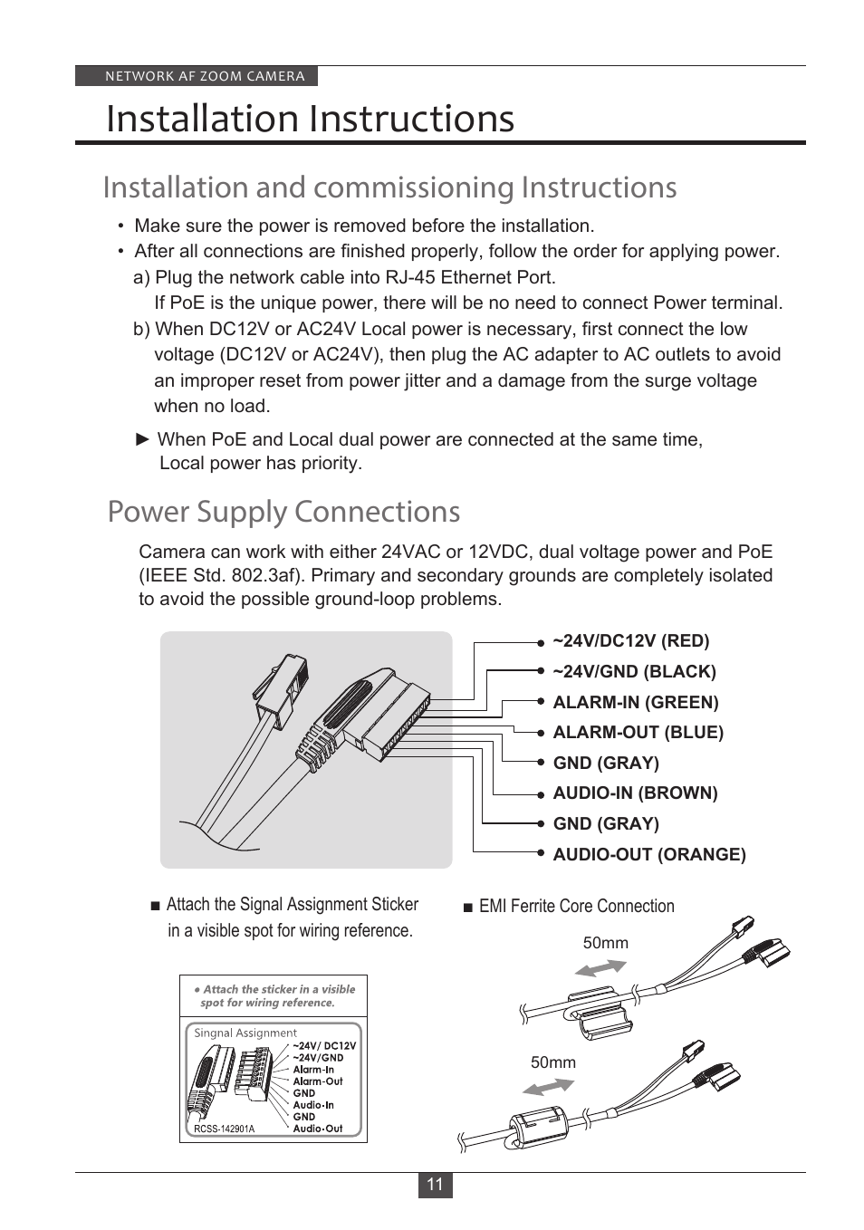Installation instructions, Power supply connections, Installation and commissioning instructions | Eneo PXB-2280Z10 D User Manual | Page 11 / 36