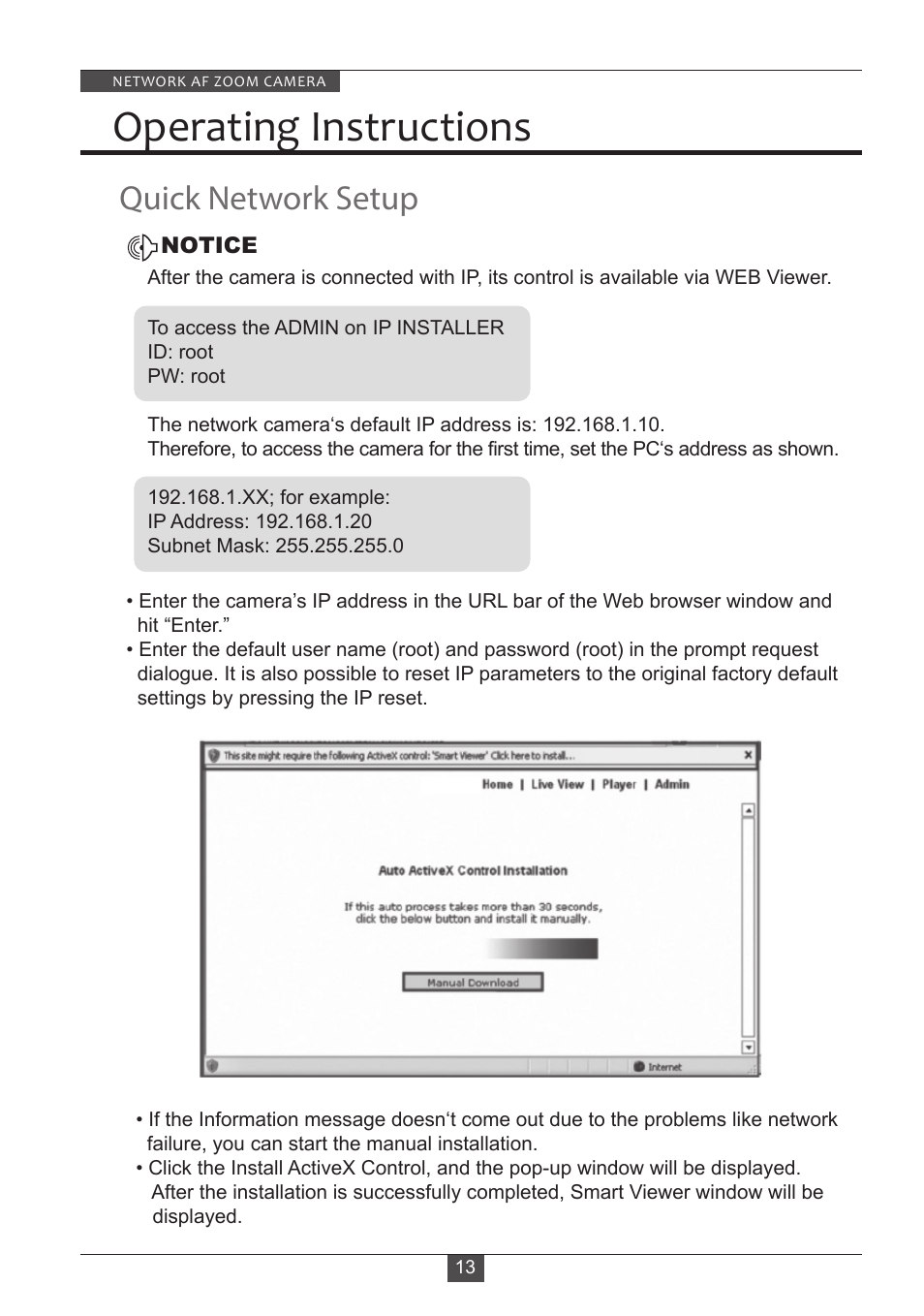 Operating instructions, Quick network setup | Eneo PXB-2280Z10 D User Manual | Page 13 / 36