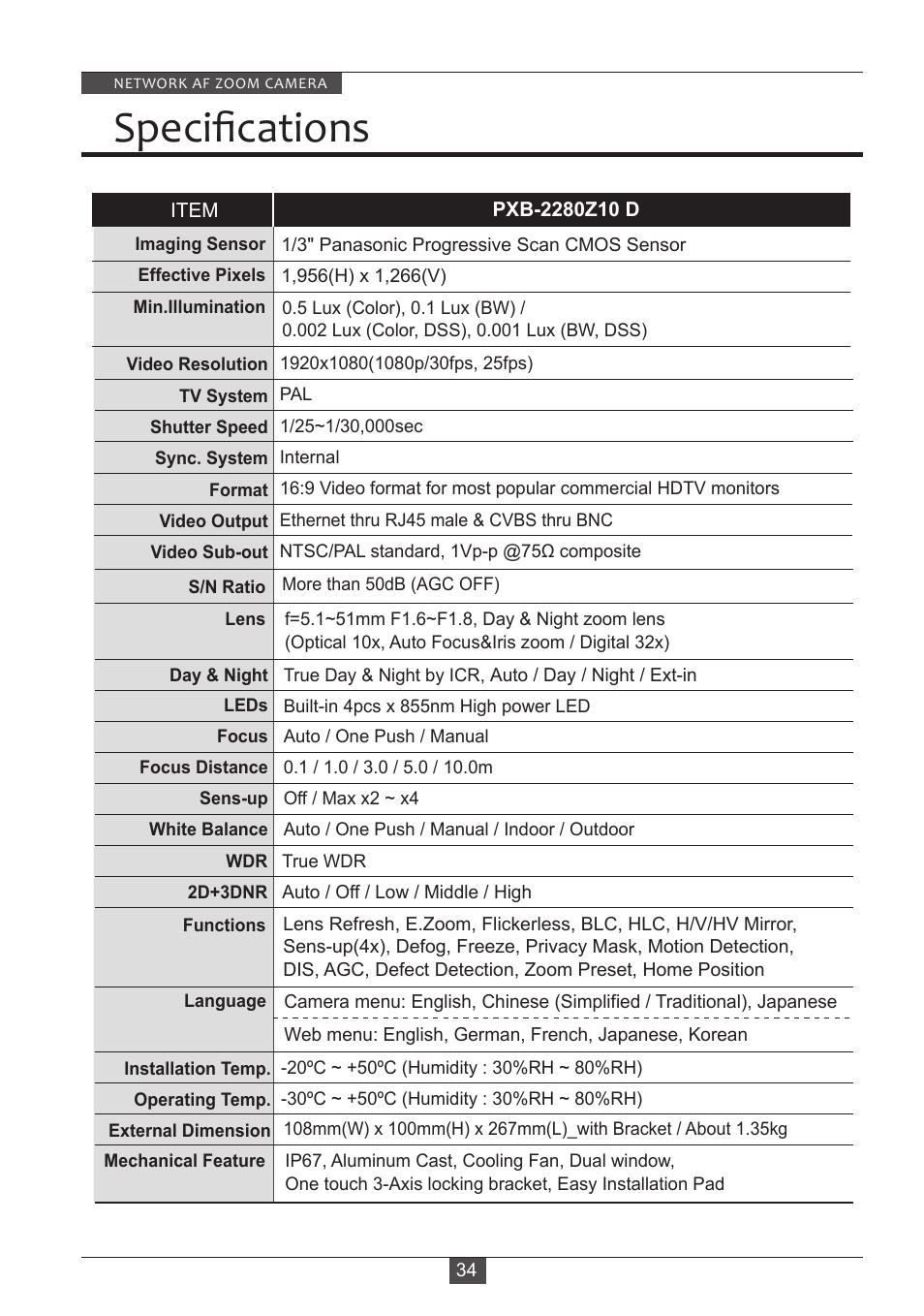 Speciﬁcations | Eneo PXB-2280Z10 D User Manual | Page 34 / 36