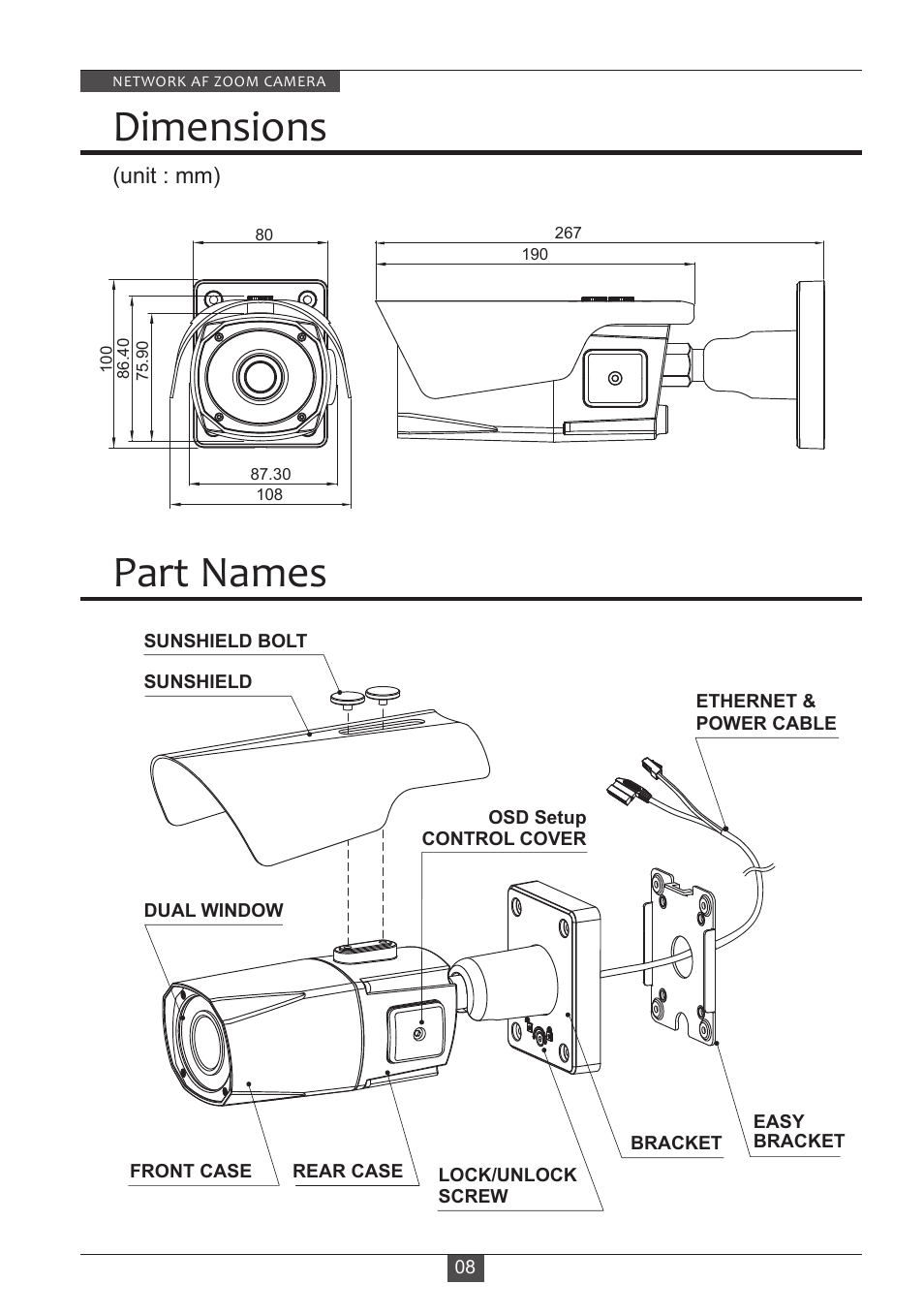 Dimensions, Part names | Eneo PXB-2280Z10 D User Manual | Page 8 / 36
