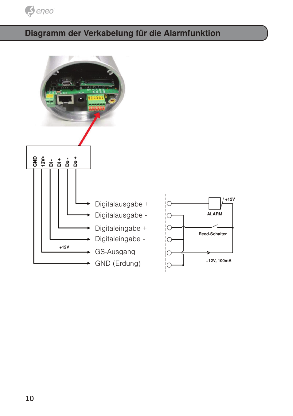 Diagramm der verkabelung für die alarmfunktion | Eneo GXB-1710M/IR User Manual | Page 10 / 52