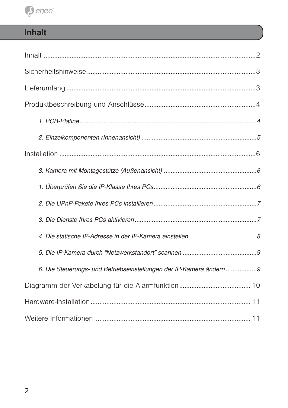 Inhalt | Eneo GXB-1710M/IR User Manual | Page 2 / 52