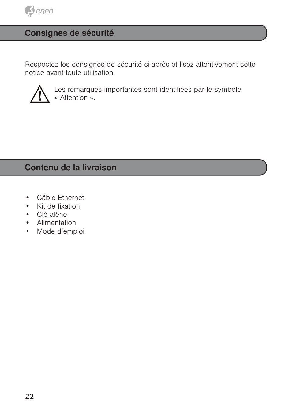 Consignes de sécurité, Contenu de la livraison | Eneo GXB-1710M/IR User Manual | Page 22 / 52