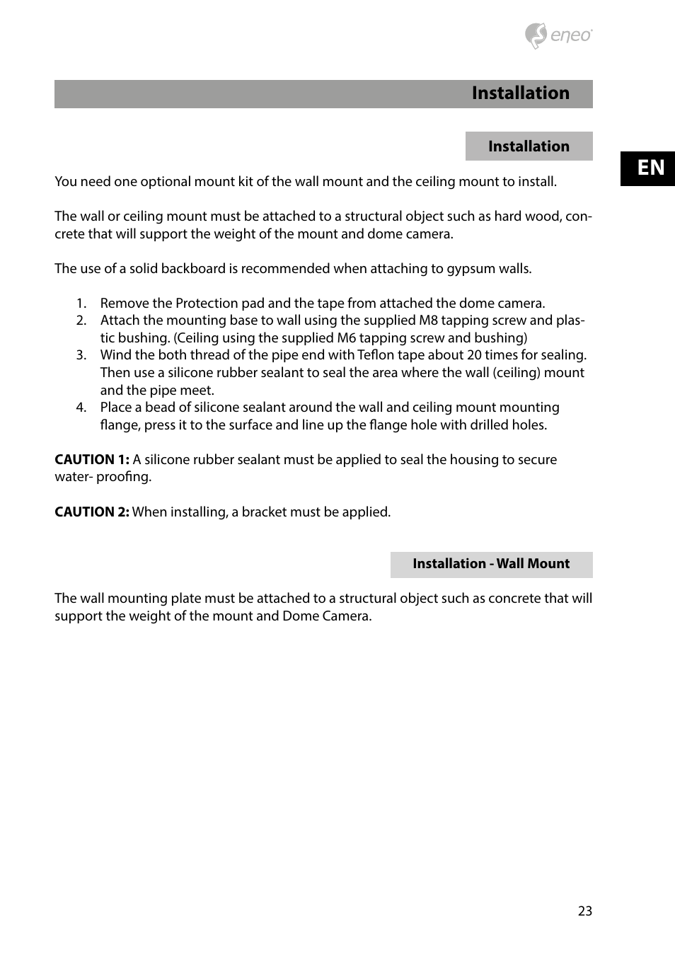 Installation | Eneo NXD-2030PTZ1080IR User Manual | Page 23 / 60