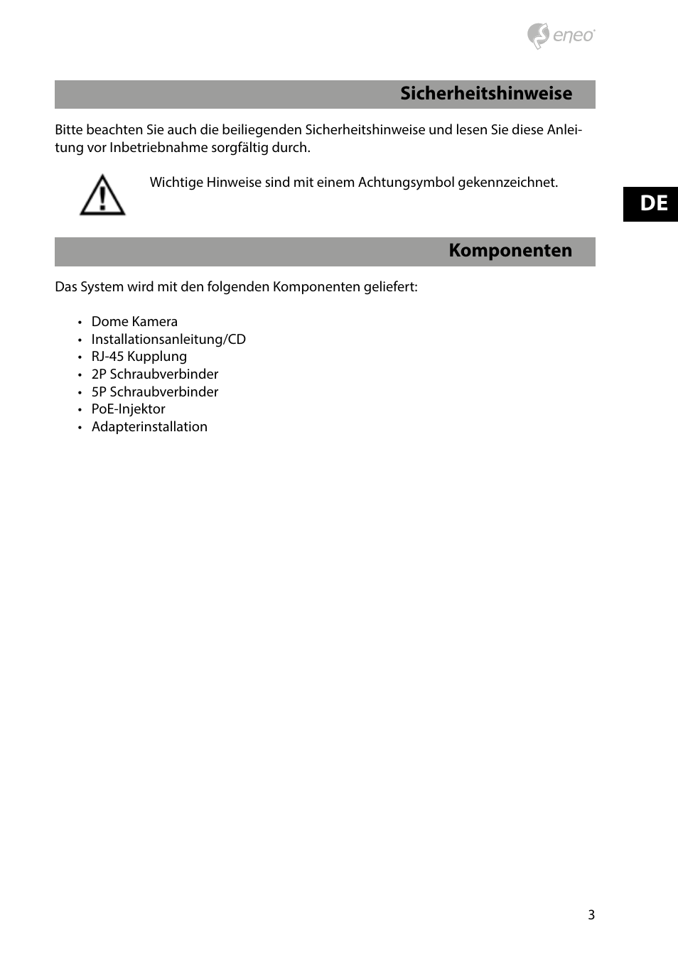 Komponenten, Sicherheitshinweise | Eneo NXD-2030PTZ1080IR User Manual | Page 3 / 60