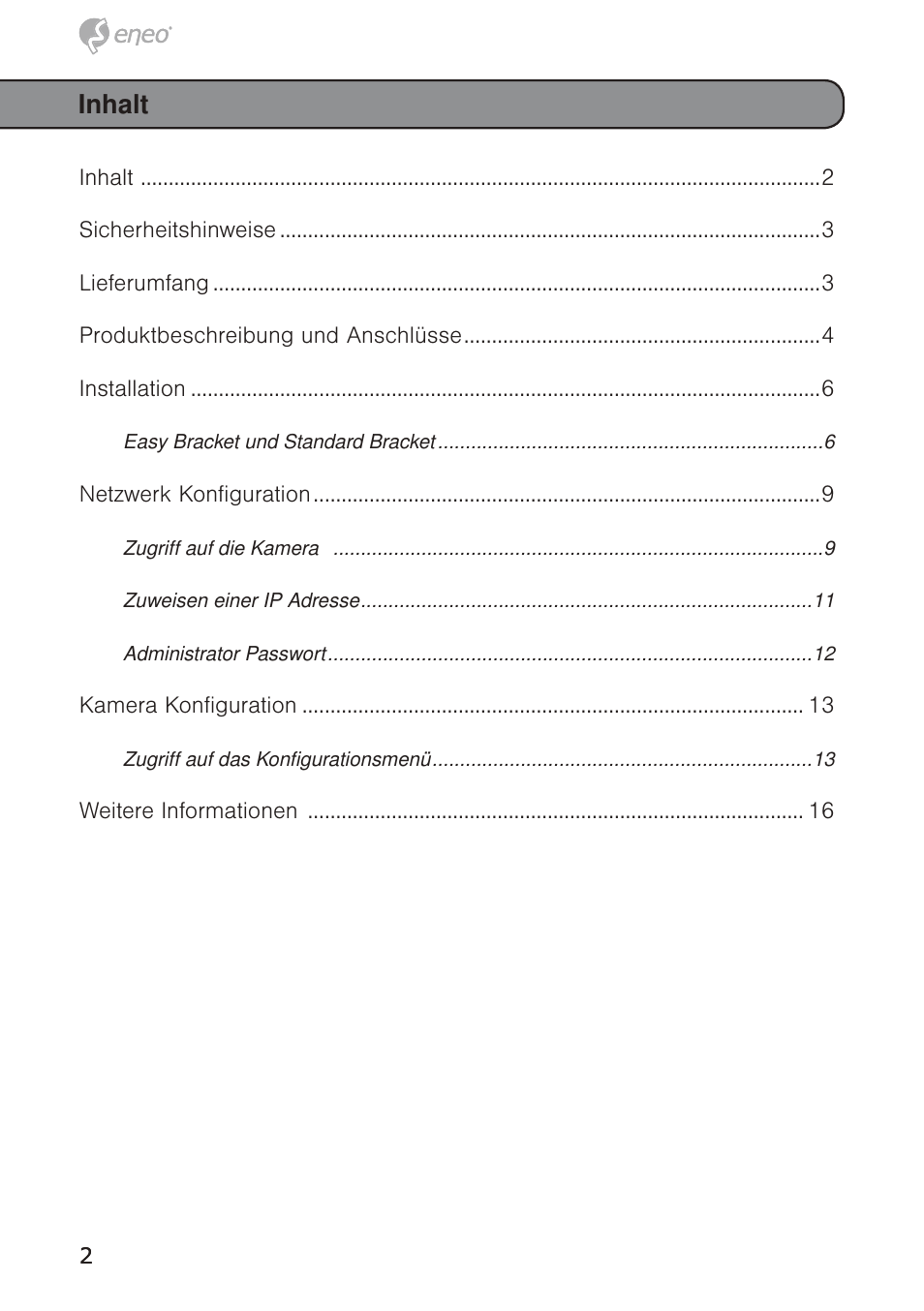Inhalt | Eneo PTB-1125F075 User Manual | Page 2 / 76
