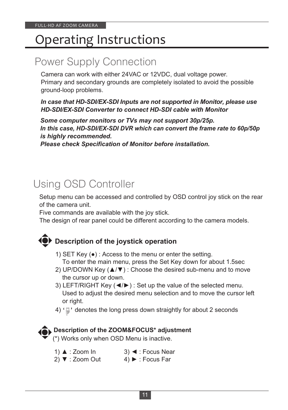 Operating instructions, Power supply connection, Using osd controller | Eneo HDC-2180Z03 D User Manual | Page 11 / 32