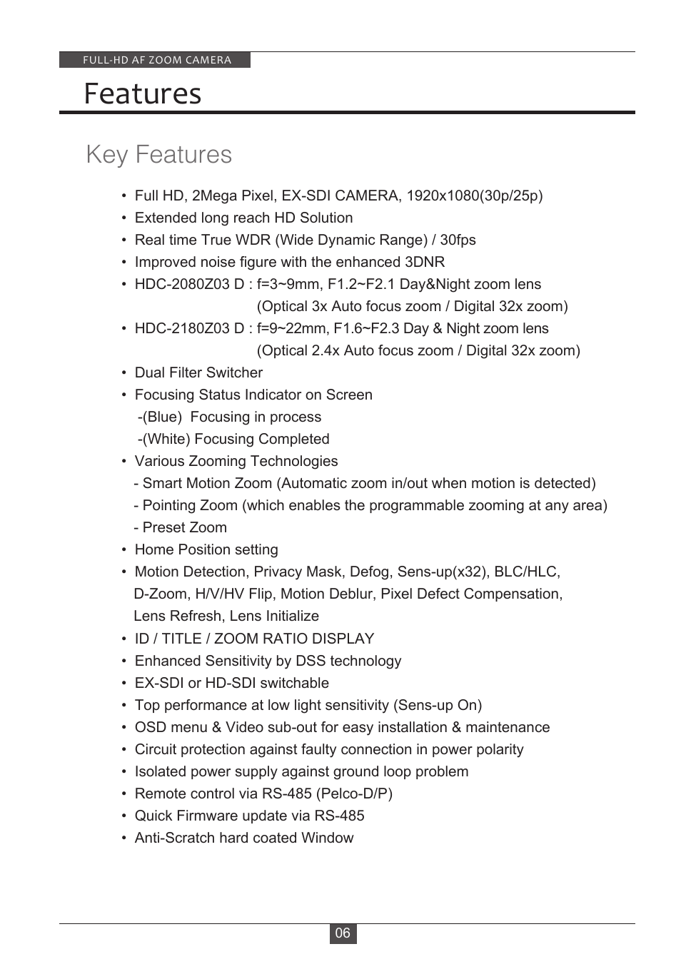 Features, Key features | Eneo HDC-2180Z03 D User Manual | Page 6 / 32