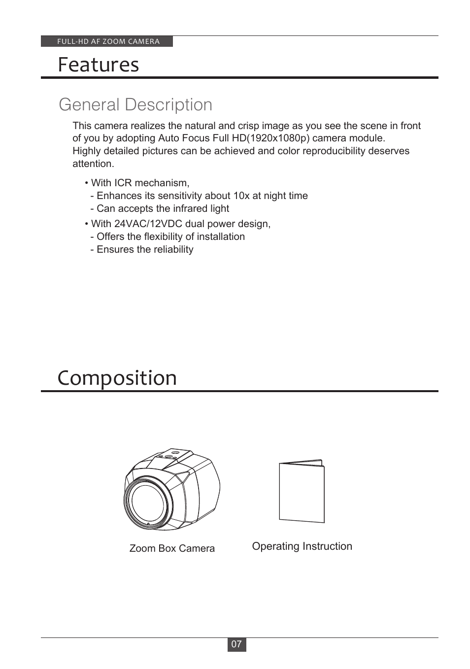 Features, Composition, General description | Eneo HDC-2180Z03 D User Manual | Page 7 / 32