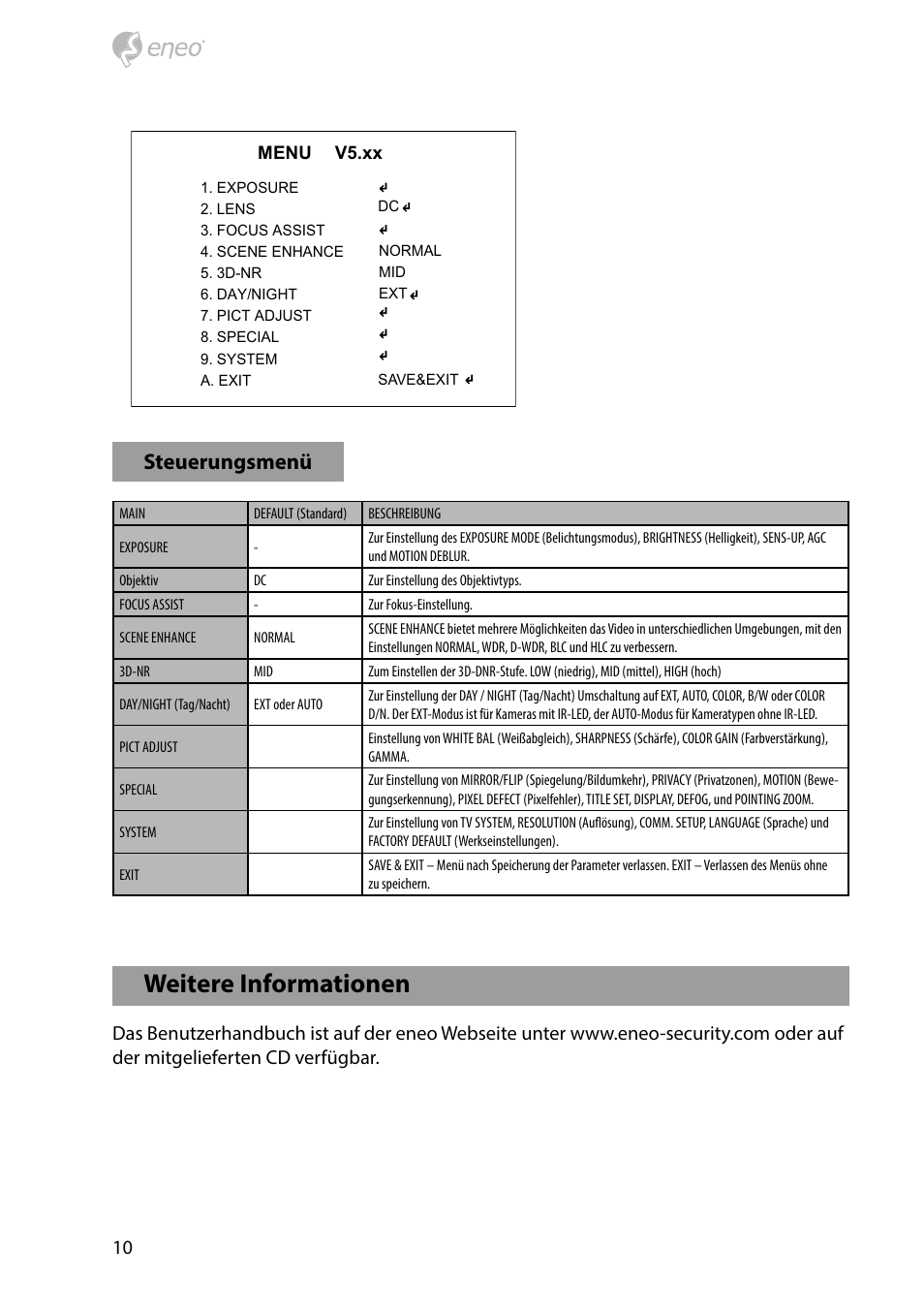 Weitere informationen, Steuerungsmenü | Eneo HDC-2080CS D User Manual | Page 10 / 32