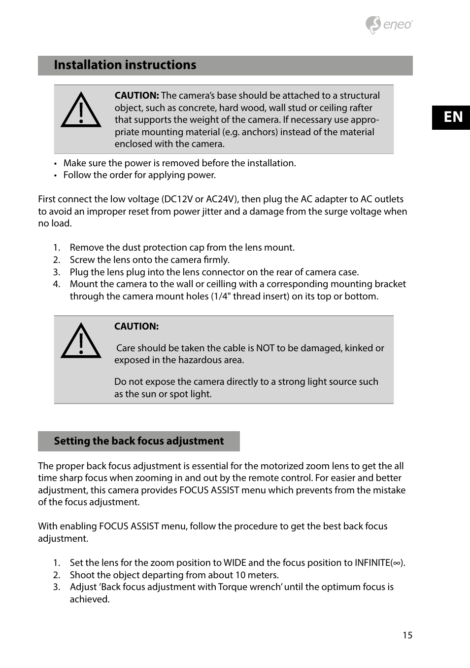 Installation instructions | Eneo HDC-2080CS D User Manual | Page 15 / 32