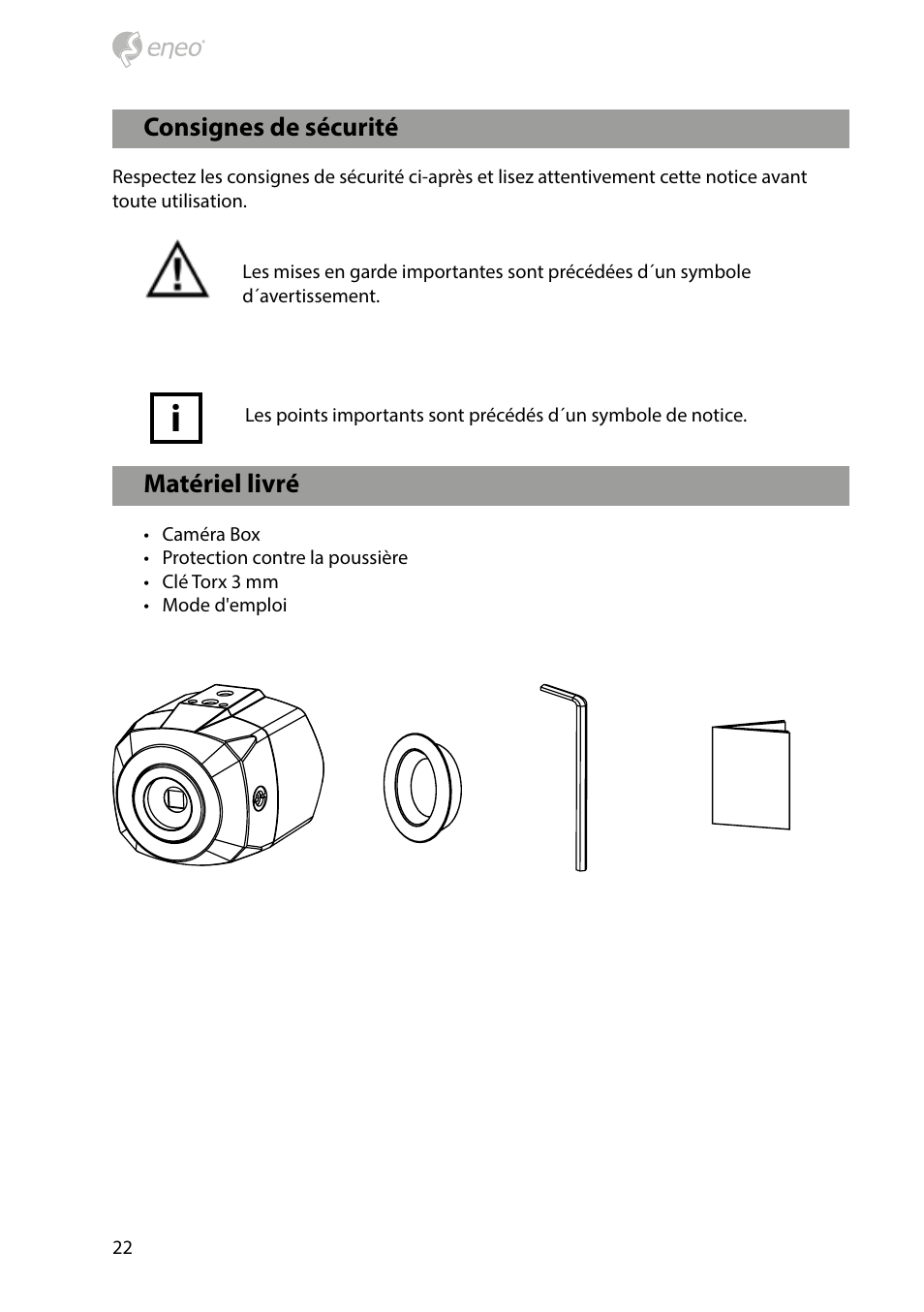 Matériel livré, Consignes de sécurité | Eneo HDC-2080CS D User Manual | Page 22 / 32
