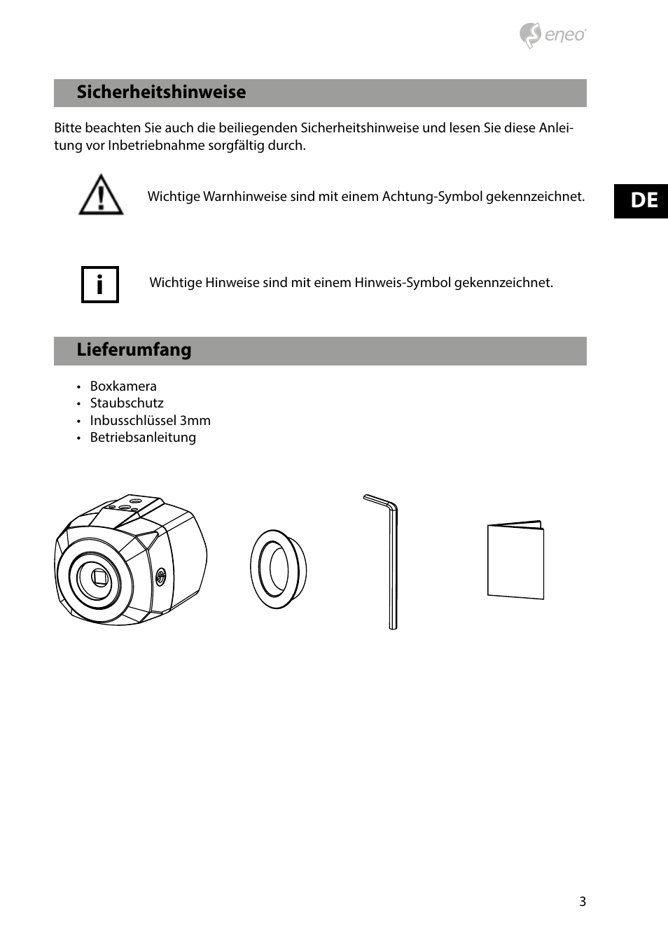 Lieferumfang, Sicherheitshinweise | Eneo HDC-2080CS D User Manual | Page 3 / 32