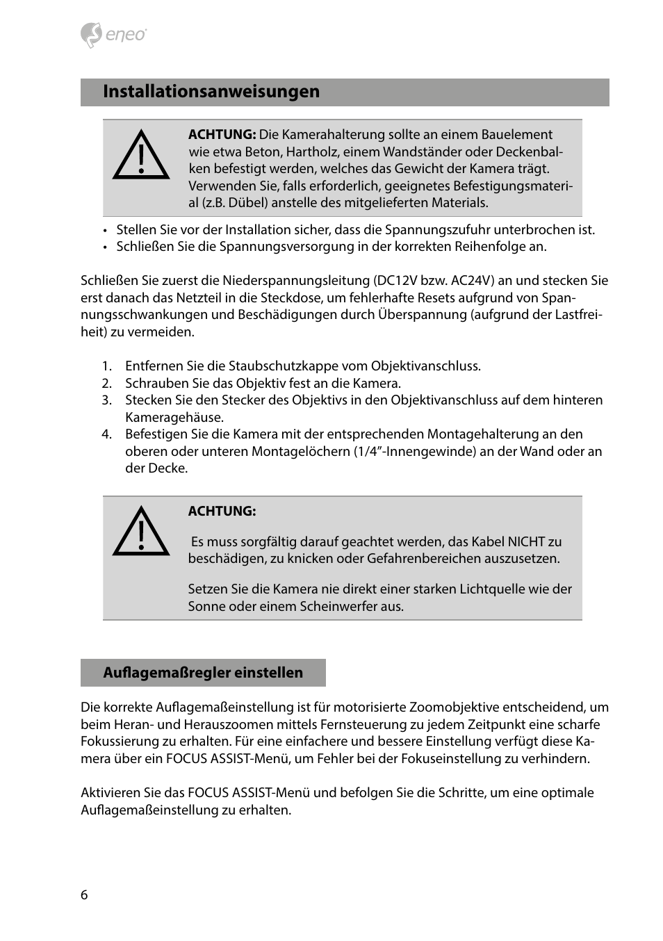 Installationsanweisungen | Eneo HDC-2080CS D User Manual | Page 6 / 32