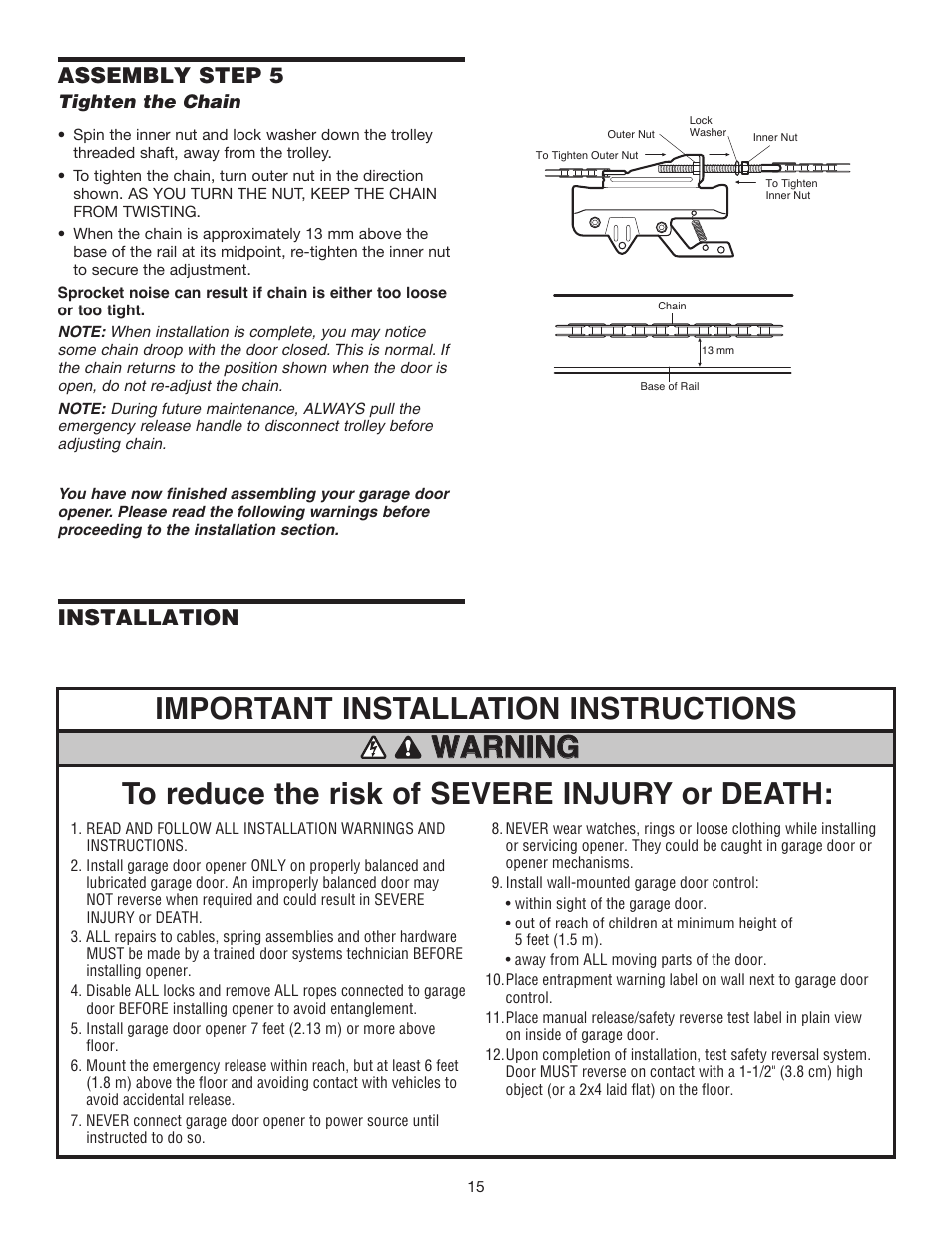 Step 5 tighten the chain, Installation, Assembly step 5 | Chamberlain 1215EM FS2 User Manual | Page 15 / 80