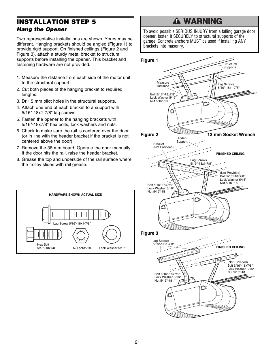 Step 5 hang the opener, Installation step 5, Hang the opener | Chamberlain 1215EM FS2 User Manual | Page 21 / 80