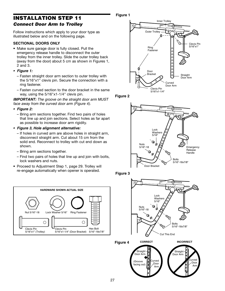 Step 11 connect door arm to trolley, Installation step 11, Connect door arm to trolley | Chamberlain 1215EM FS2 User Manual | Page 27 / 80