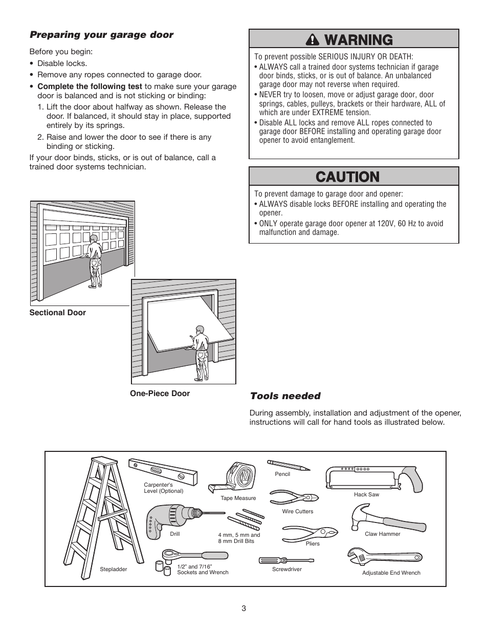 Preparing your garage door, Tools needed | Chamberlain 1215EM FS2 User Manual | Page 3 / 80