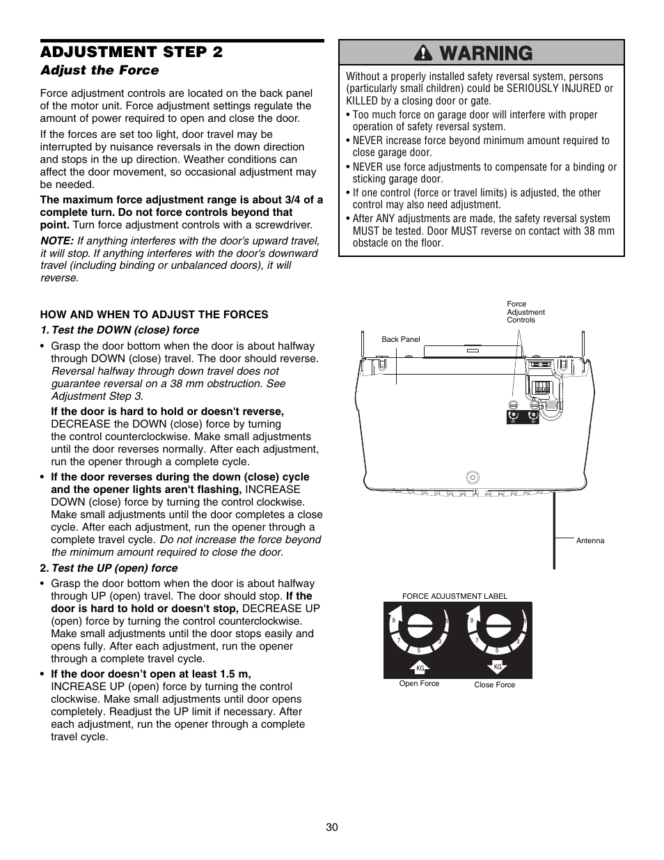 Step 2 adjust the force, Adjustment step 2, Adjust the force | Chamberlain 1215EM FS2 User Manual | Page 30 / 80