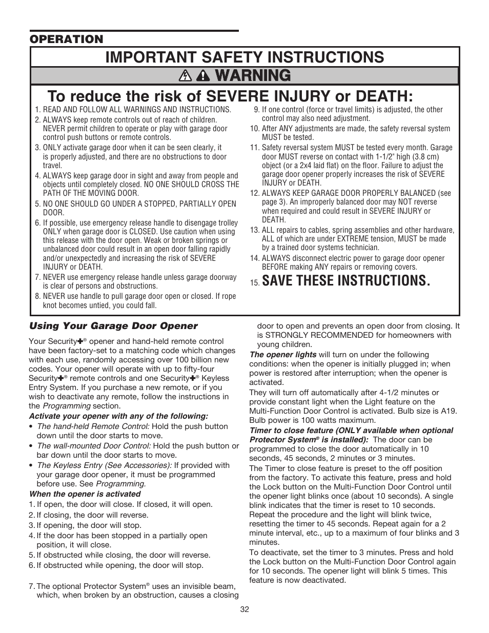 Operation, Using your garage door opener, Save these instructions | Chamberlain 1215EM FS2 User Manual | Page 32 / 80